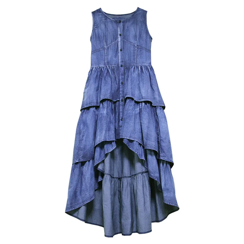 Женское винтажное длинное джинсовое платье с круглым вырезом многослойное без