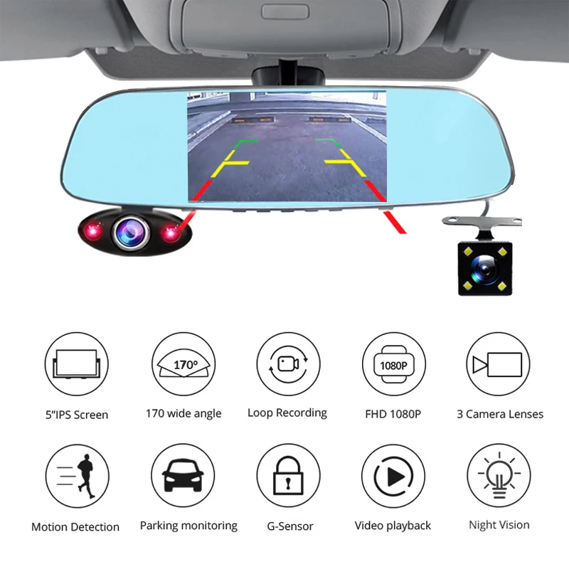 Vikewe FHD 1080P Автомобильный видеорегистратор Камера авто 5 дюймов зеркало заднего