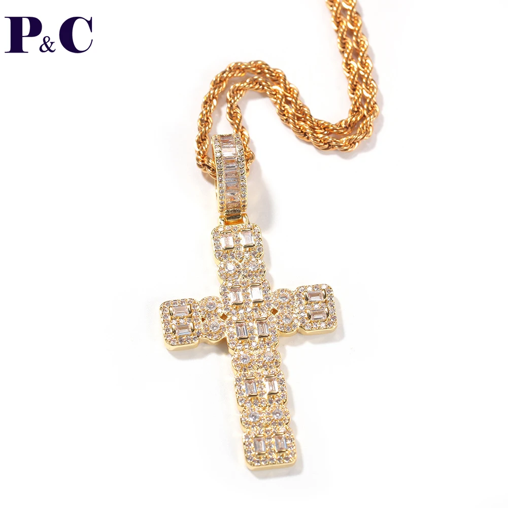 

Fashion Two Rows CZ Stone Cross Pendants Gold Plated with Tennis Chain Necklace for Men Rapper hip hop Jewelry Drop Shipping