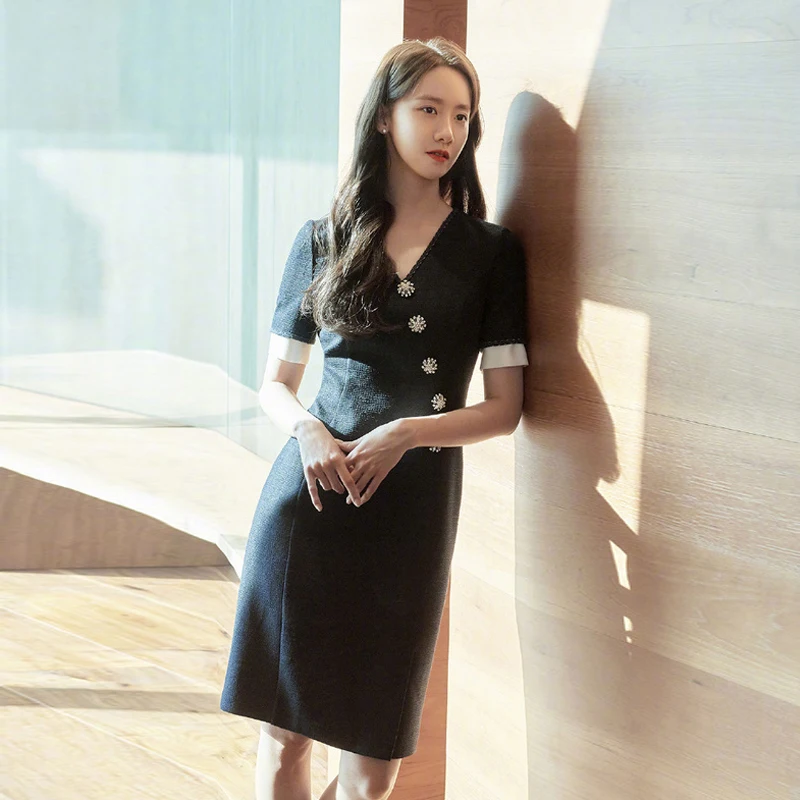 

Женское платье с V-образным вырезом, Элегантное повседневное праздничное платье составного кроя с пуговицами со стразами, лето 2021