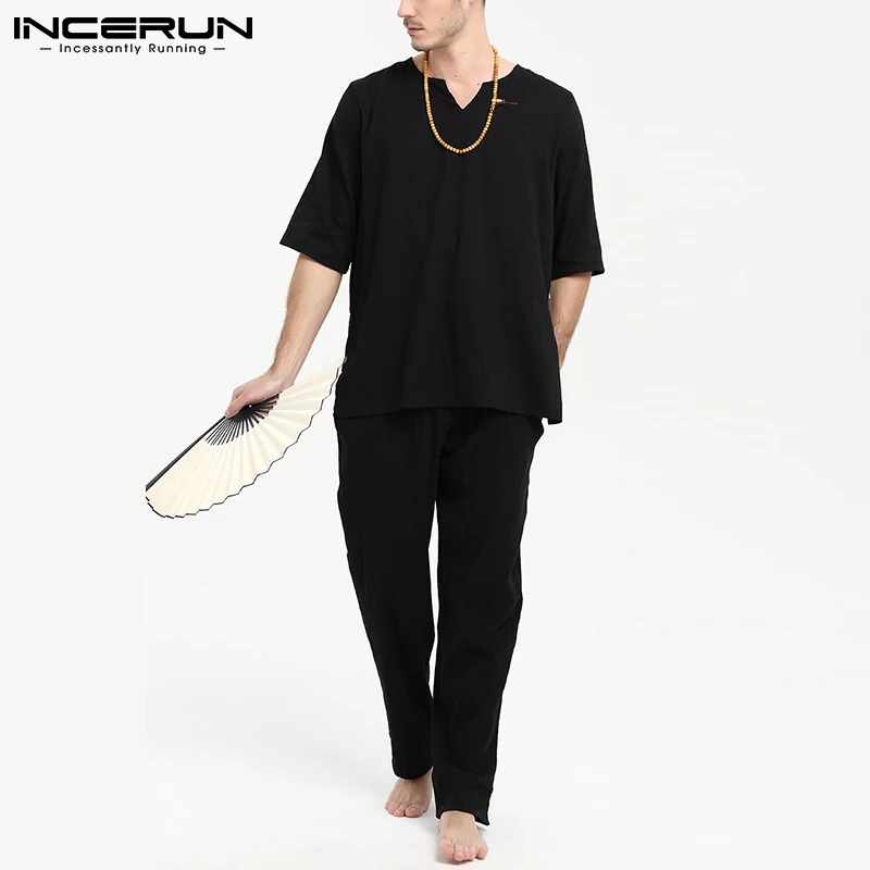 

Винтажный Мужской комплект из 2 предметов, однотонная Свободная Повседневная футболка с V-образным вырезом и короткими рукавами, штаны на шн...