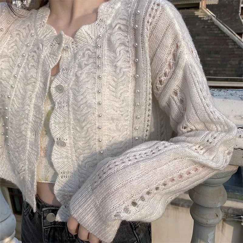 

Mohair Fashion Knitted Cardigan Pullover Loose V-Neck Long Sleeve Top Hollow Oversized Sweater Petite Clothing Women Elegant