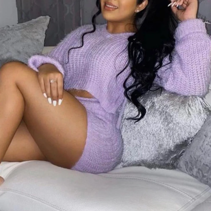 

Littlerossa New Autumn Solid Two Piece Sweater Sets Women Casual Knitted 2 Piece Set Sexy Crop Top and Shorts Sets