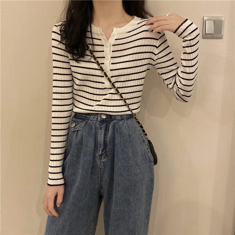 

WW0755 New striped knitted bottoming shirt women's slim-fit long-sleeved blouse T-shirt