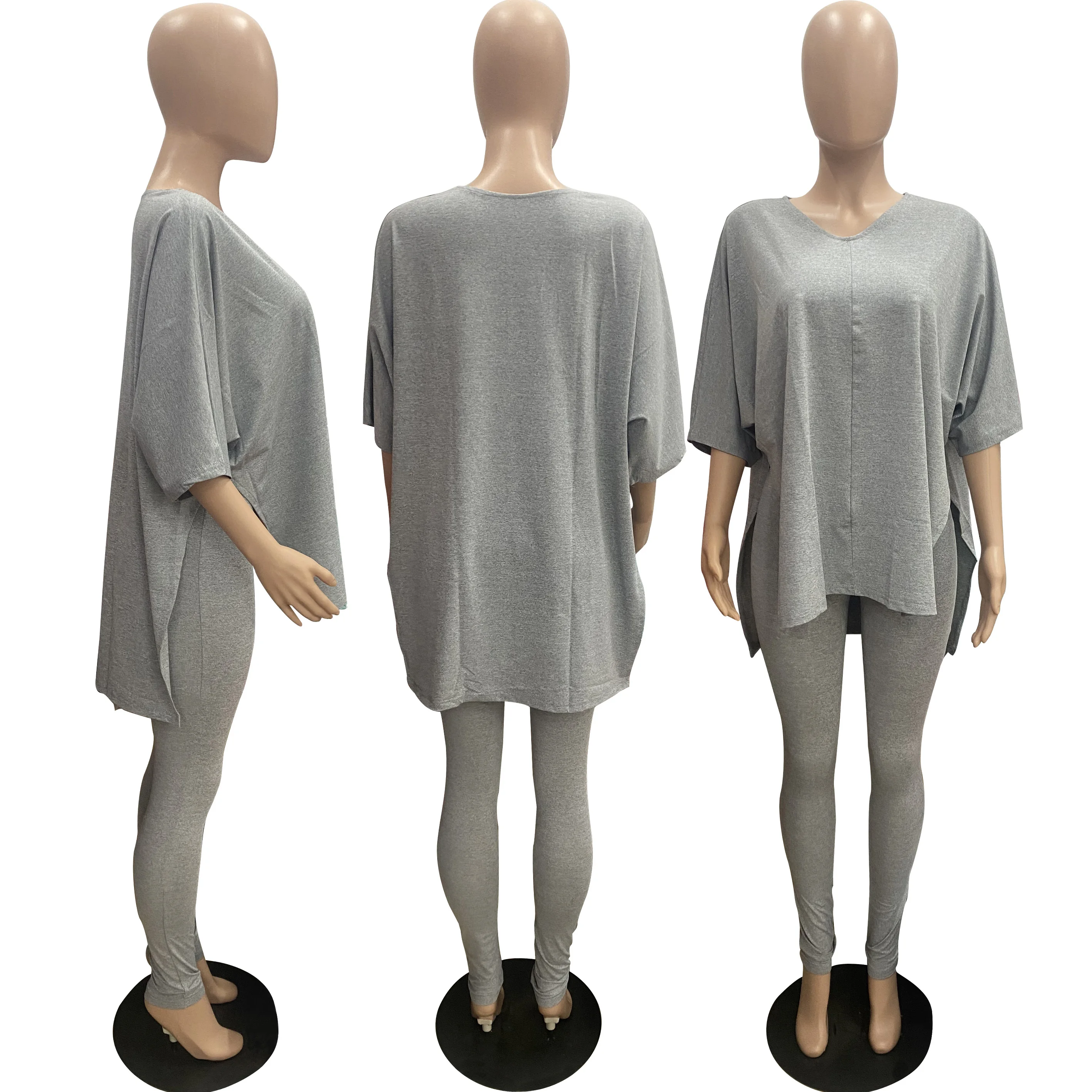 

Women's Tracksuit Solid V Neck Side Split Half Sleeve Loose Long Top and Sporty Fitness Leggings Office Lady 2pcs Matching Sets