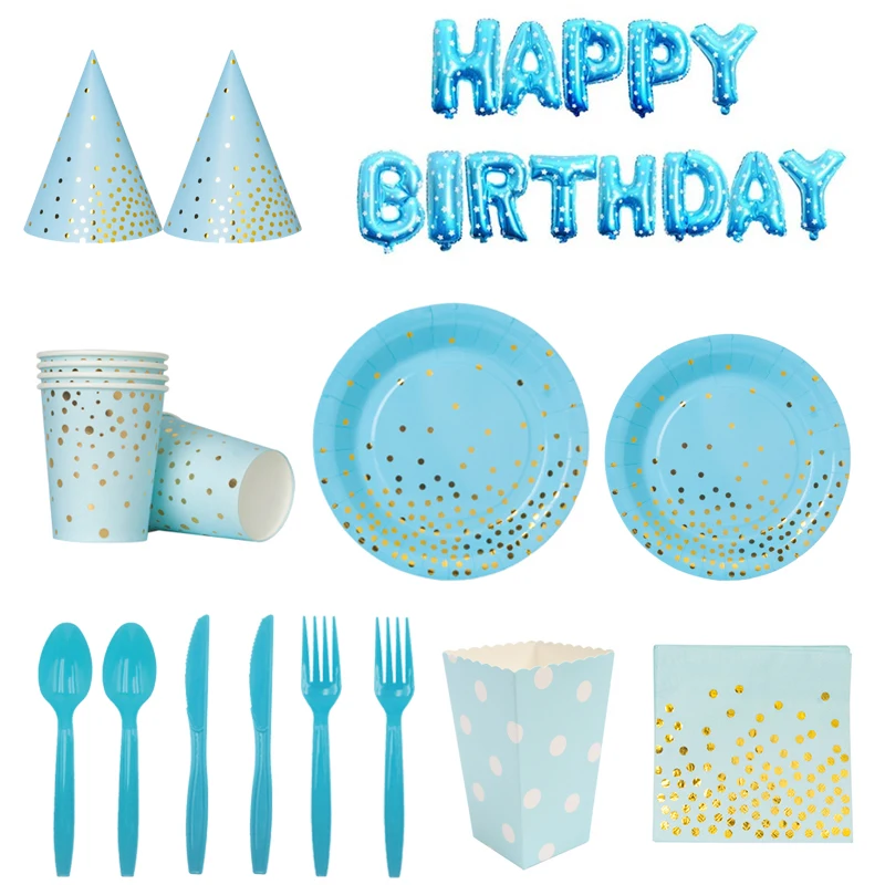 

Blue Theme Hot Stamping Polka Dot Party Disposable Tableware Set Paper Cups Paper Plates Flag Napkins Party Supplies Decorations