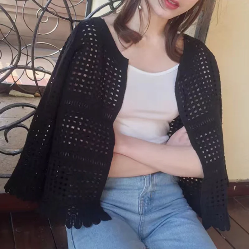 

2021 Летняя женская короткая блузка с вырезом, тонкий кардиган с шалью, кружевные повседневные трикотажные рубашки, износоустойчивые кардига...