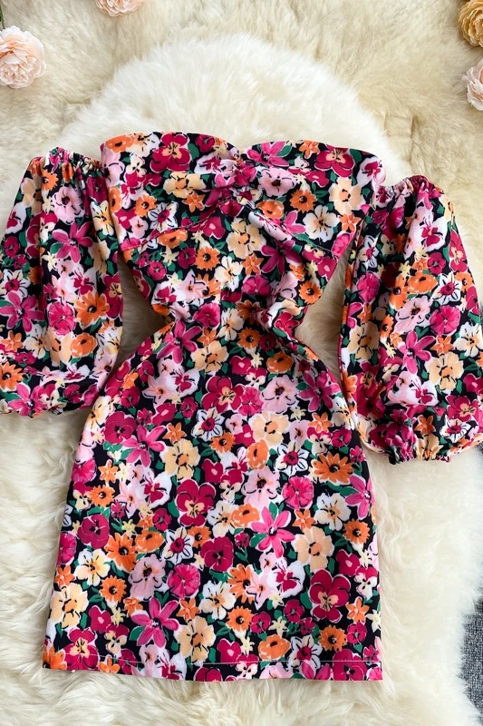 

2021 summer women's floral sexy Strapless dress new women's Party Club off shoulder bodycon elastic Mini Dress