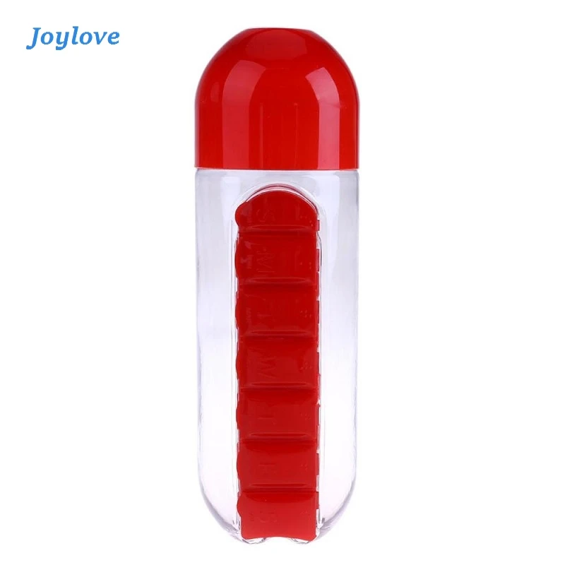 

JOYLOVE 2in1 600ml Water Bottle with Creative Pills Cup Daily Pill Box Organizer Plastic Leak-Proof Water Drinking Bottles