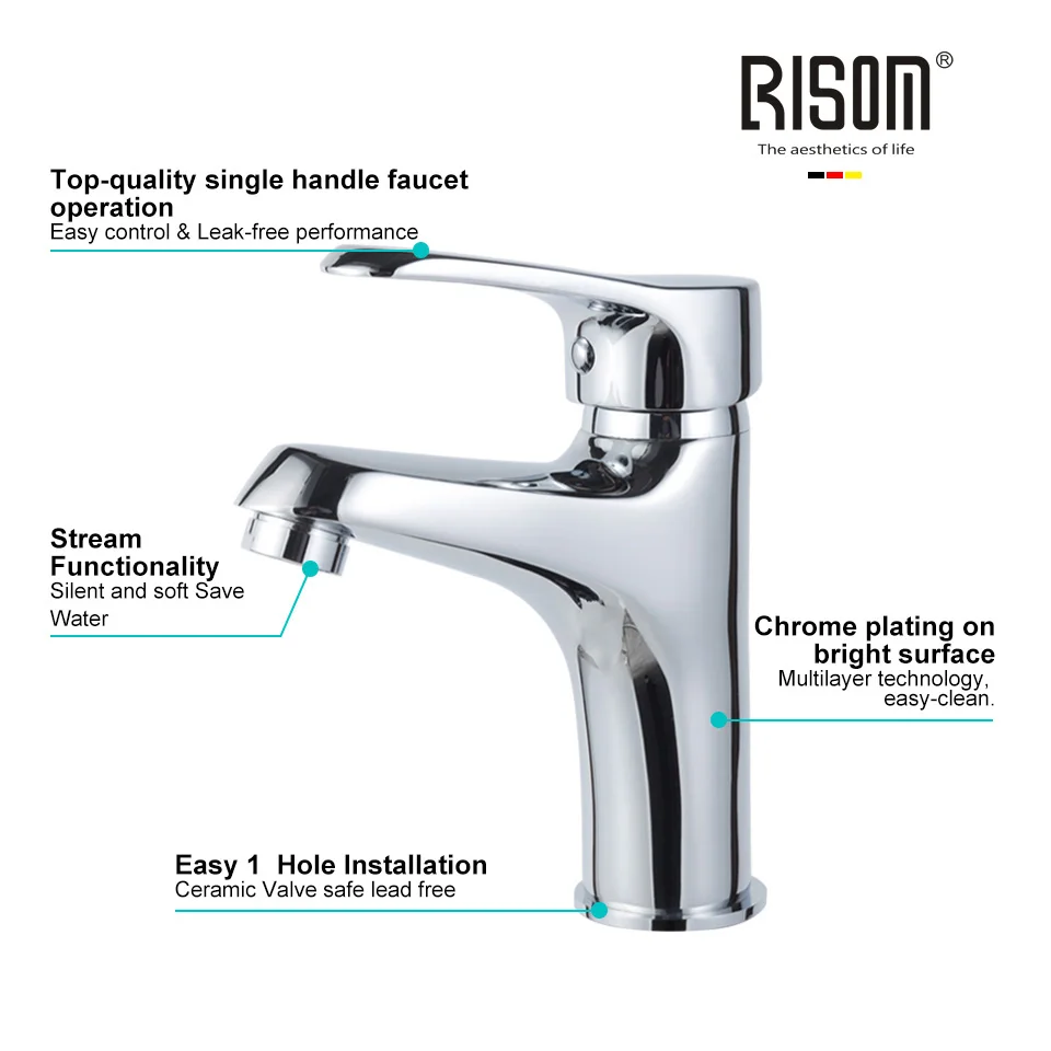 

RISOM Bathroom Basin Sink Mixer Bath Faucet Washbasin Taps Single Water Tap for Restroom Kitchen Brass Copper Chrome