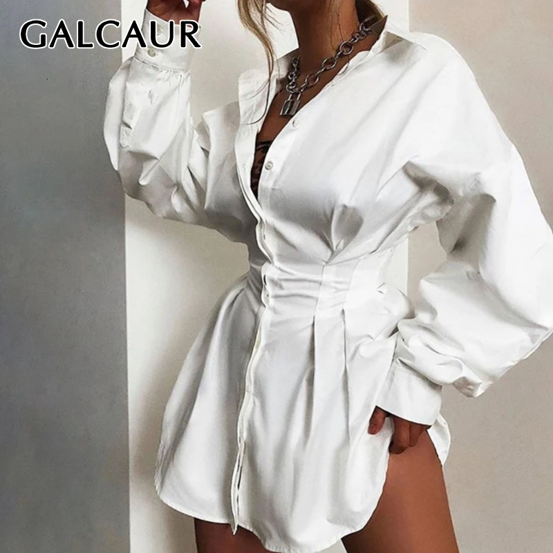 GALCAUR, корейские сексуальные женские платья, воротник с лацканами, длинный рукав, высокая талия, туника, тонкое мини платье, женская одежда, мода