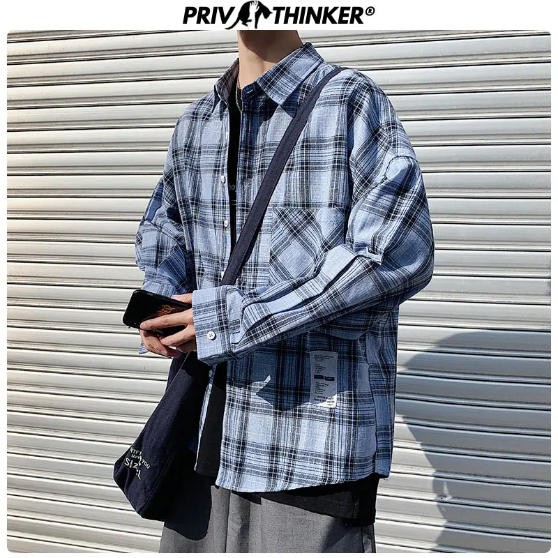 Privathinker 2020 мужские клетчатые хлопковые свободные рубашки Мужская Осенняя Harajuku