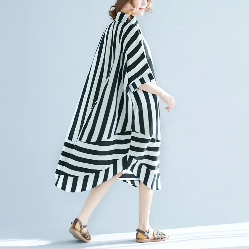 

Women Summer Loose Chiffon Striped Bat Sleeve Mid-length Shirt Dress