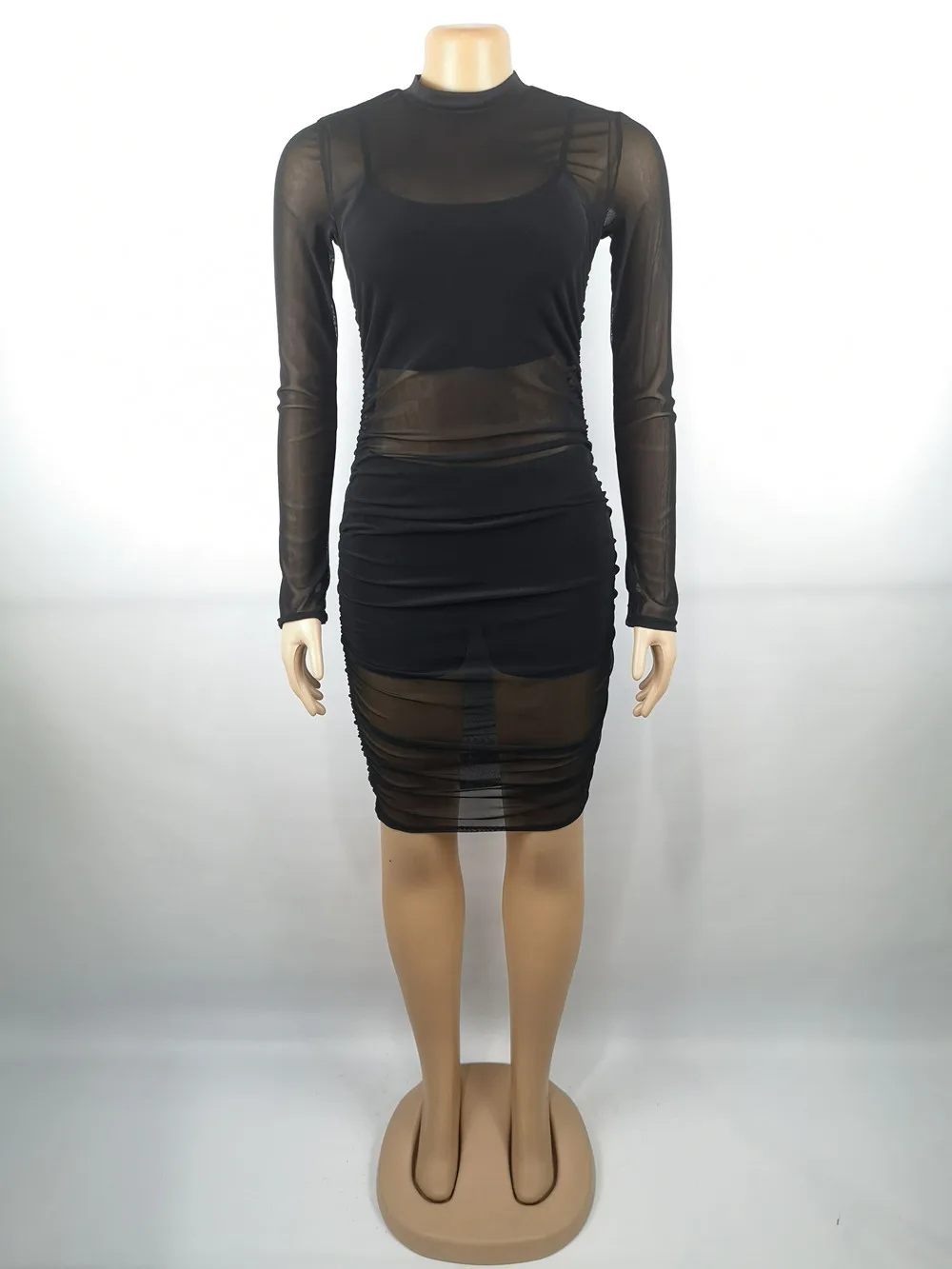 

Sexy Mesh Party Dress For Women Pleated Tank Tops and Shorts 3pcs Dress Suit Fashion Sheer Plus Size Bodycon Dress Nightclub