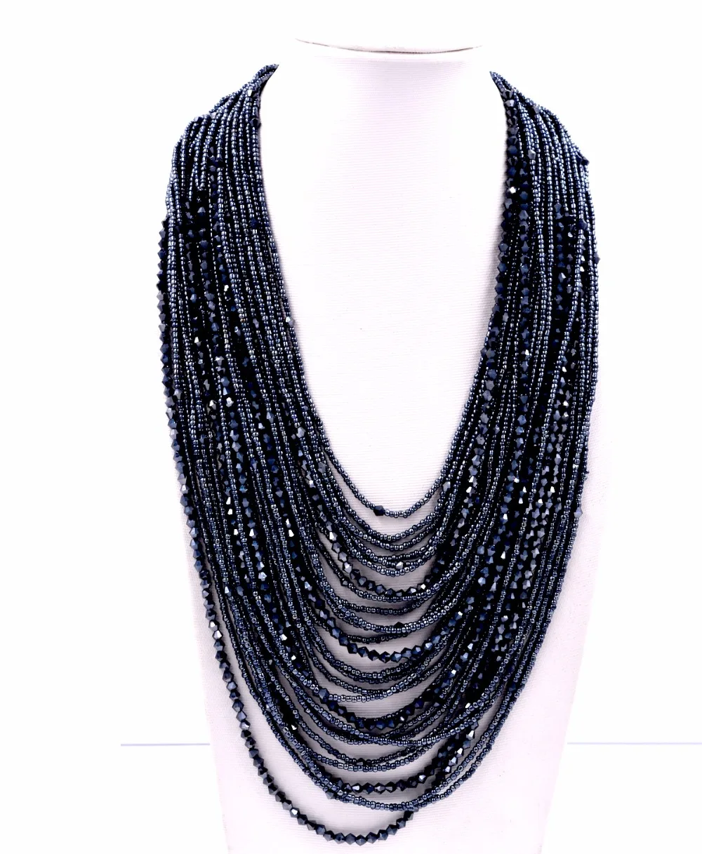 Handmade Hematite Black Czech Crystal 28 Layer Bib Glass Seed Beads Statement Necklace For Party |