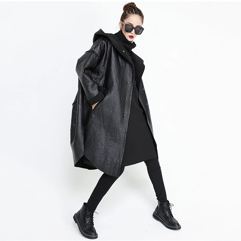 TWOTWINSTYLE, свободный крой, с капюшоном, черная, из искусственной кожи, толстая, большой размер, куртка, новинка, длинный рукав, Женское пальто, модное, Осень-зима