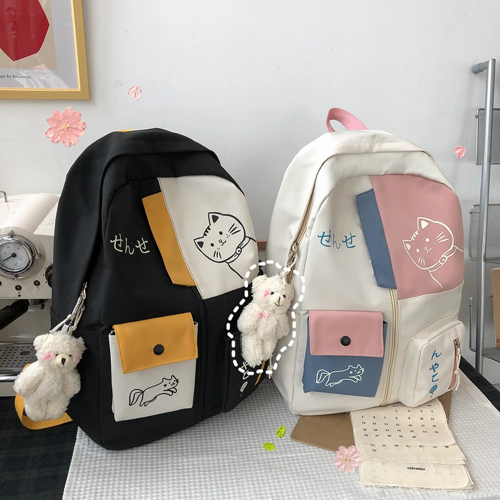 

Preppy Style Cartoon Cat Printing Student School Bags Women Contrast Color Backpack Casual Large Capacity Female Travel Knapsack