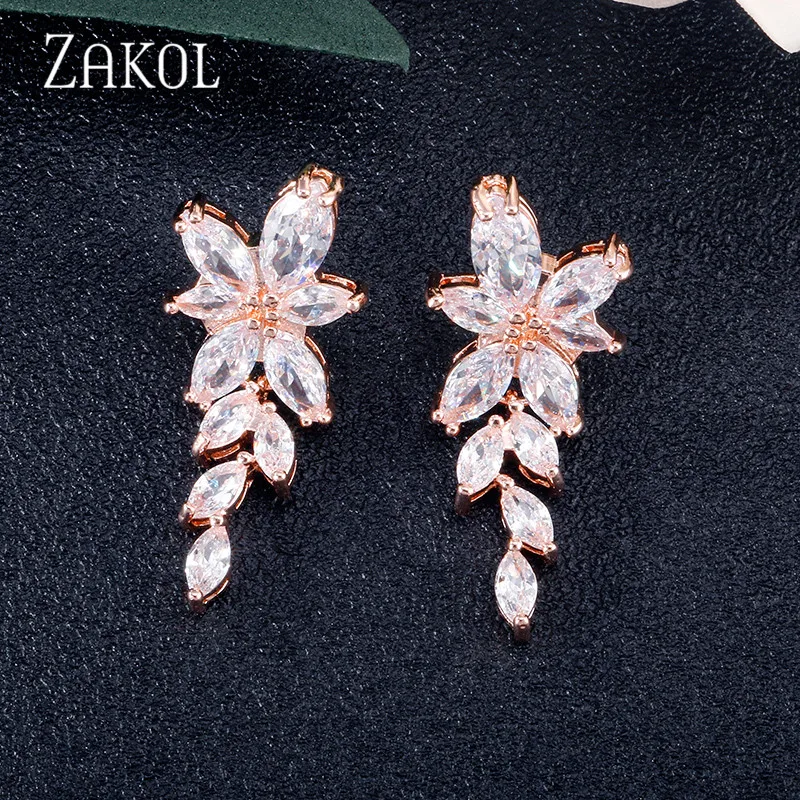 Rose Gold Color 7 ZAKOL, модные, листовой циркон, висячие серьги для женщин, белое золото, цвет кристалл, свадебные серьги, свадебные ювелирные изделия, подарок brinco FSEP167A - Окраска металла: Rose Gold Color 7