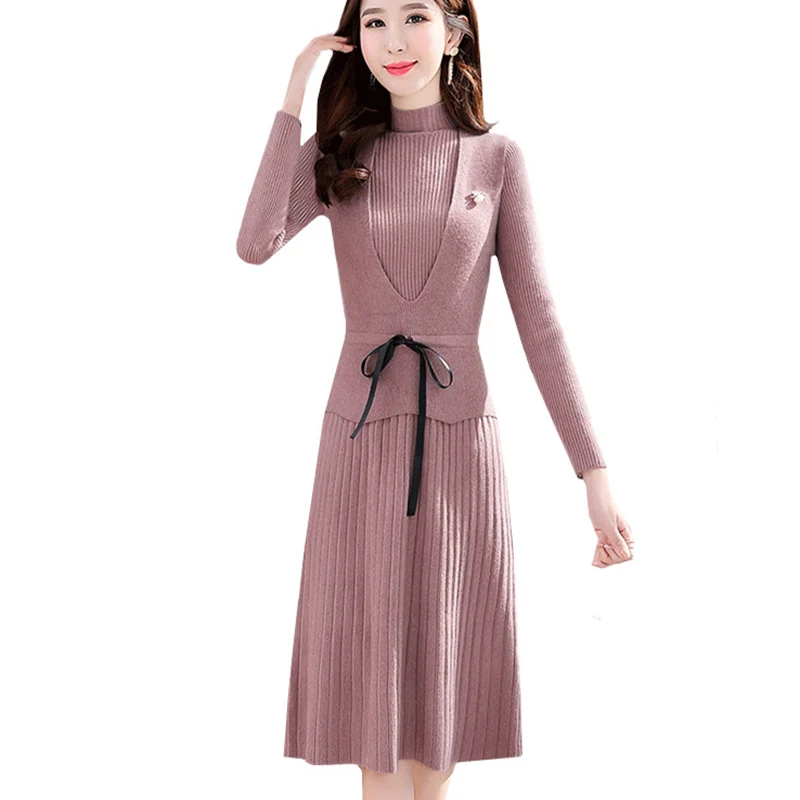 

High Quality 2020 Autumn Winter Long Sleeve Dress + Women Sweater Vest 2pcs Suits Office Ladies Elegant Knitting Women Sets