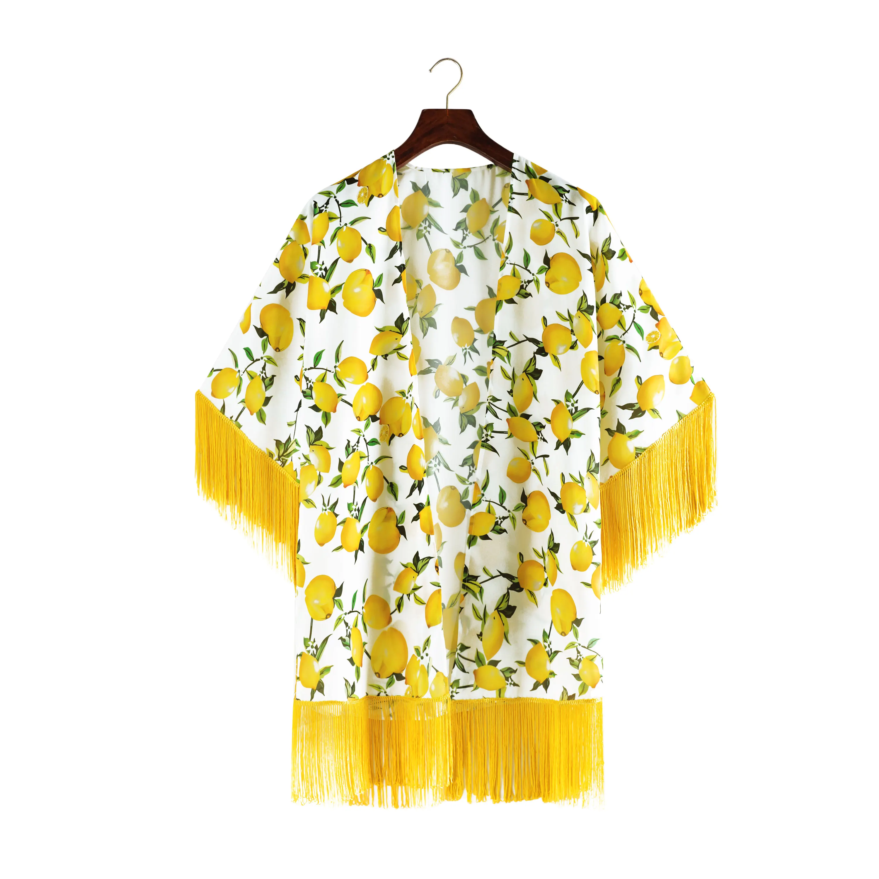 

2021 Boho Lemon Printed Fringed Chiffon Sexy Bikini Cover-ups Beach Wear Short Kimono Dress Women Summer Swimsuit Cover Up A801