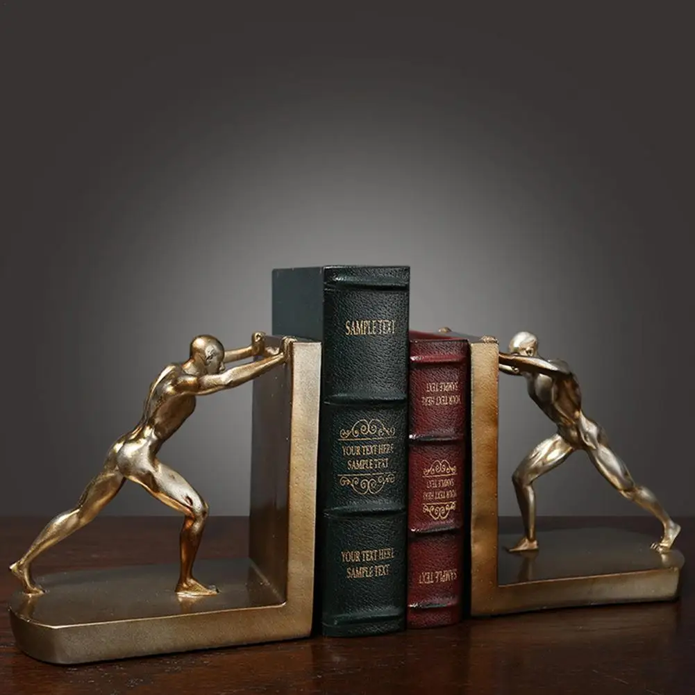 

1 Pair Decorative Bookends for Book Shelf 3D Golden Man Pushing Book Support Book Stopper Ornaments Resin Craft for Home Cabinet