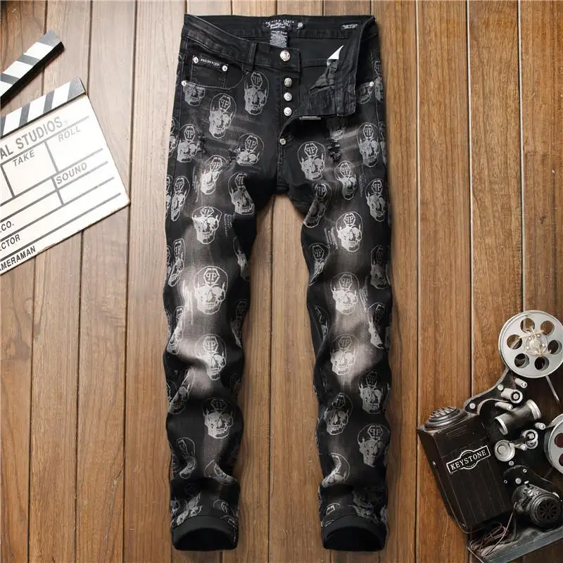 

Men's Fashion Pants Hole Trousers Casual Jeans Patch Spell Color Straight Jeans