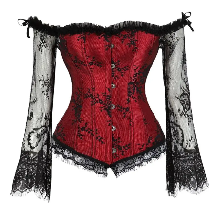 

Women Sexy Off-Shoulder Sleeves Lace Embroidered Corset Blouse Victorian Vintage Floral Elegant Slim Corset Bustier Lingerie Top