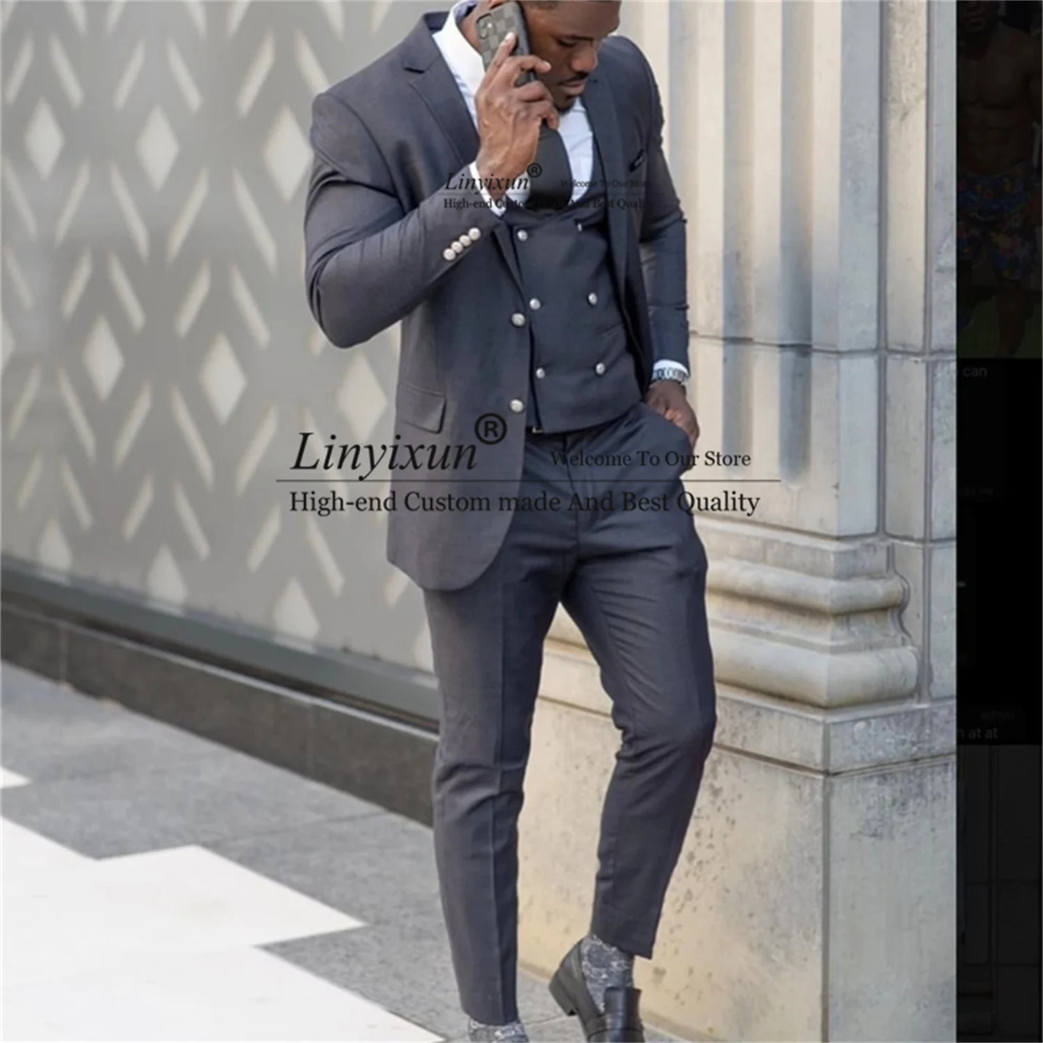 Деловые серые мужские костюмы облегающий двубортный жилет комплект из 3