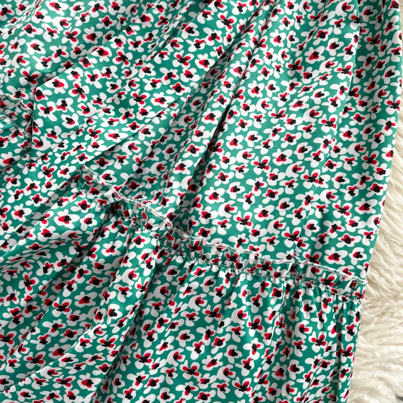 

2021 strapless hanging neck floral dress women's sleeveless belt A-shaped ruffle dress summer print holiday skirt