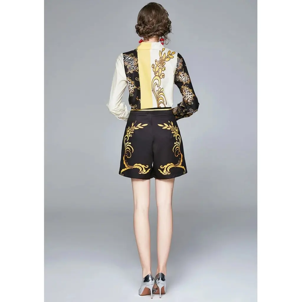 

2021 Summer Casual Printed Shirt Long Sleeve Blouse Slim Waist Tops + Shorts Elastic Waist Short Pant Two-Piece Set