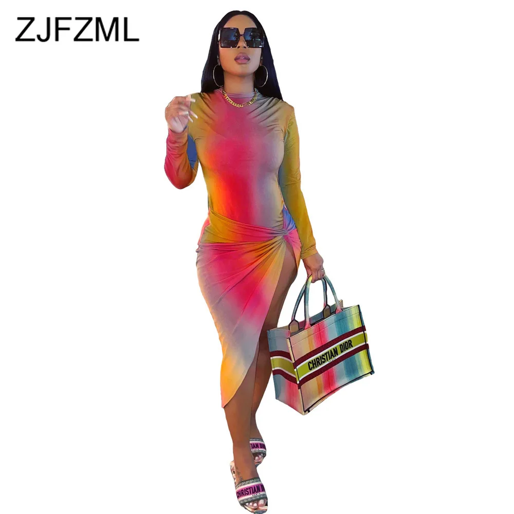 

Rainbow Gradient Color Bodycon Mid Calf Dresses Women Long Sleeve 2021 Spring Uautmn Partywear Skinny Ruched Side Split Vestidos