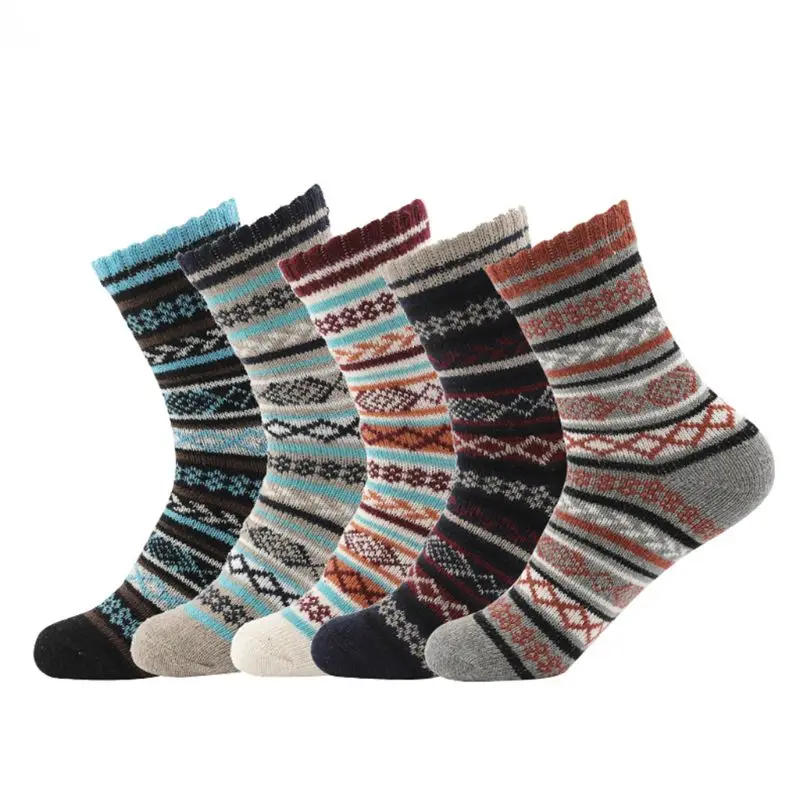 

5Pair Mens Wool Cashmere Socks Warm Winter Thick Vintage Stripe Male Dress Sock