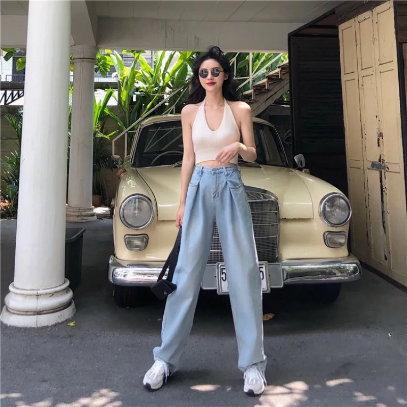 Джинсы женские прямые с завышенной талией винтажные брюки из денима широкими