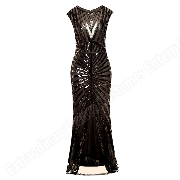 Black Женские длинные платья в винтажном стиле Great Gatsby Sequin 1920s вечерние платья в стиле АР-деко без рукавов средней длины с круглым вырезом - Цвет: Black