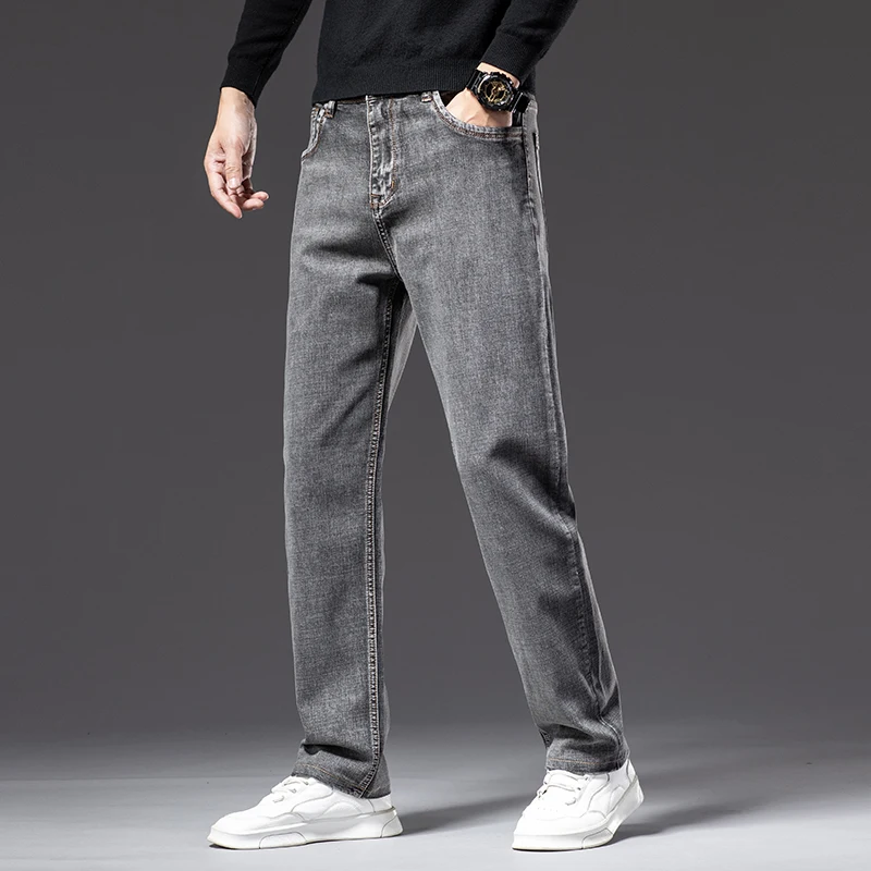 6 colors Autumn Men Gray Straight-leg Jeans Business Casual Cotton Stretch Denim Pants Male Brand Clothing Plus Size 40 42 44 3