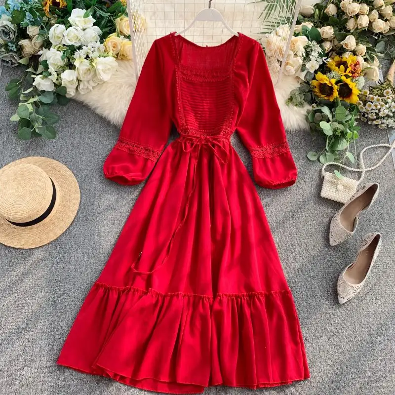 Женское однотонное длинное платье в стиле бохо с квадратным вырезом и широкой