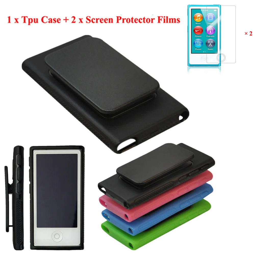 Soft TPU Rubber Gel Skin Case Cover For iPod Nano 7 7G 7th Belt Clip with 2pcs Screen Protective Films