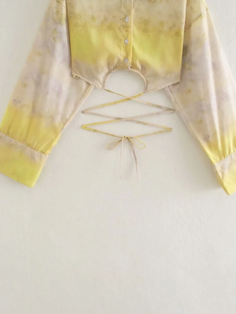 

Fashion Tie-dye Gradient Color Printing Single-breasted Blouse Women's Slim-fit Lapel Waist Performance Sense Bandage T-shirt