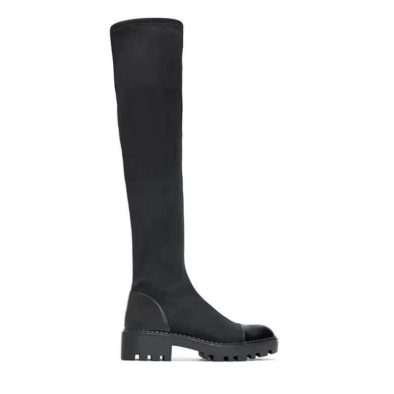 

Overknee Elastic Force Boots Head Thickness Bottom Side Boots Black Sole Flat Bottom High