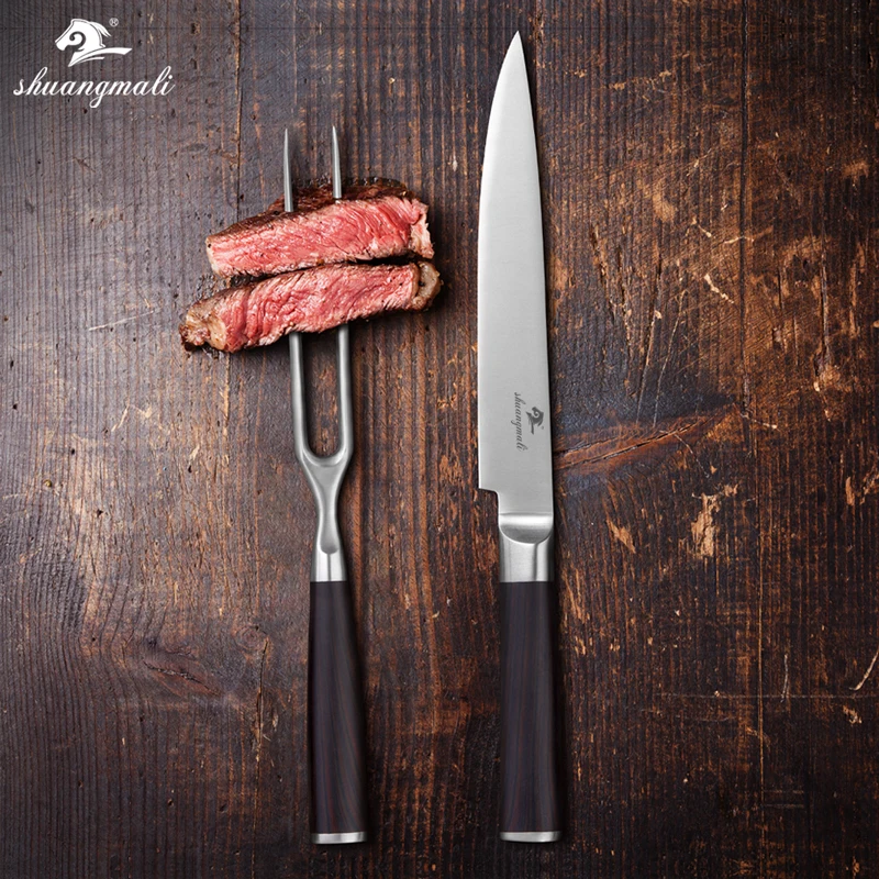 Shuangmali 2PCS Barbecue Carving Fork Knife Set 5Cr15Mov Stainless Steel Camping Cooking BBQ Cutter With Gift Box | Дом и сад