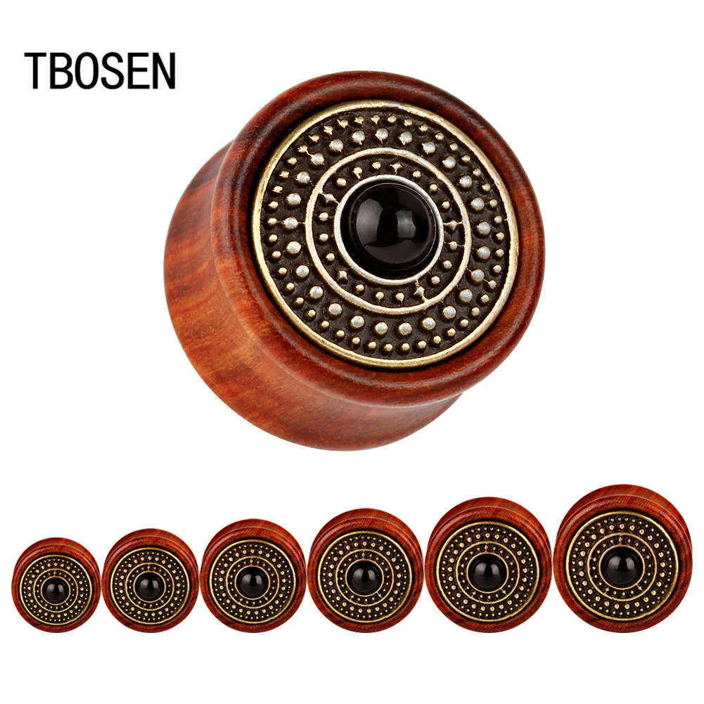 

TBOSEN classical metal logo design wood ear plugs tunnels piercing ear gauges body jewelry fashion gift pair selling