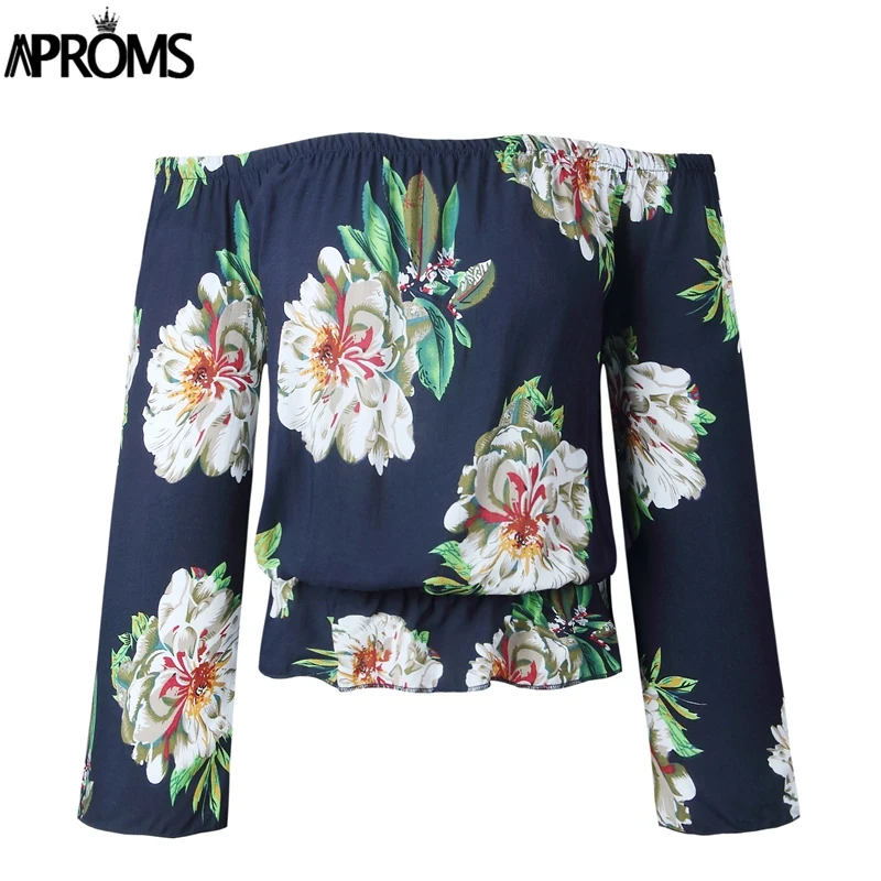 Aproms, рукав-фонарик, Boho, цветочный принт, безрукавка, топы, элегантный, с открытыми плечами, укороченный Топ для женщин, летняя одежда, уличная одежда, футболки, майки - Цвет: Navy