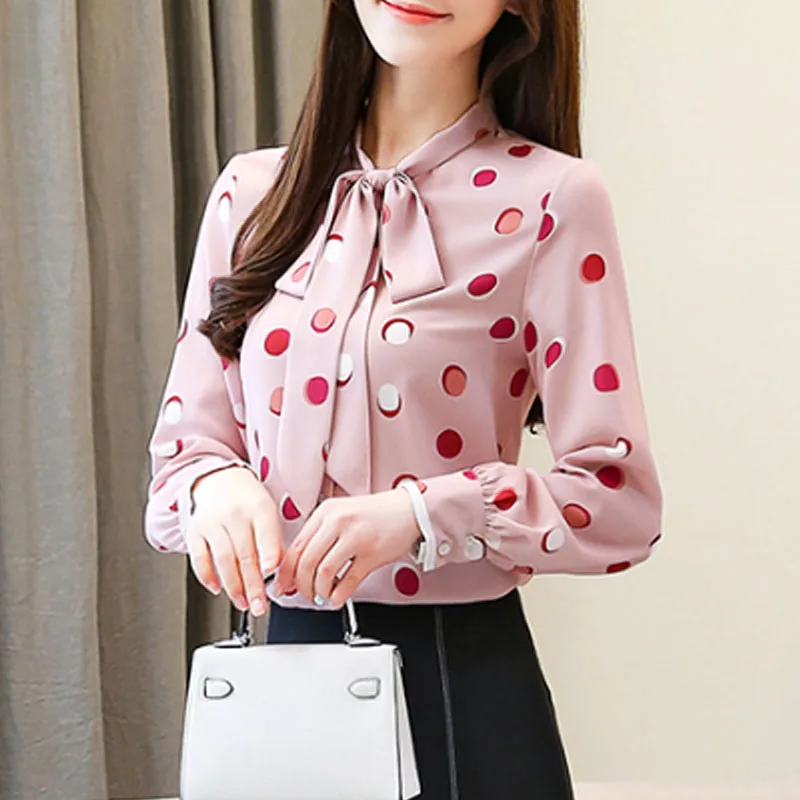 

2019 Autumn Fashion Women Chiffon Blouses Casual Pink Dot Women Tops Long Sleeve Bow Women Clothing Office Lady 5561 50