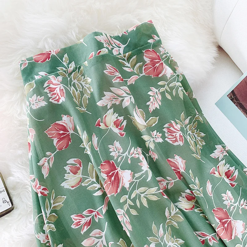 

Female Summer Floral Skirt Women Printed Sweet Chiffon Skirts Casual High Waist A Line Slim Mid-calf Skirt Female Faldas