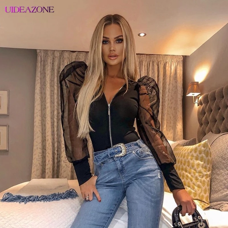 Женский пуловер комбинезон пэчворк сетка длинный рукав с буфами v-образный вырез