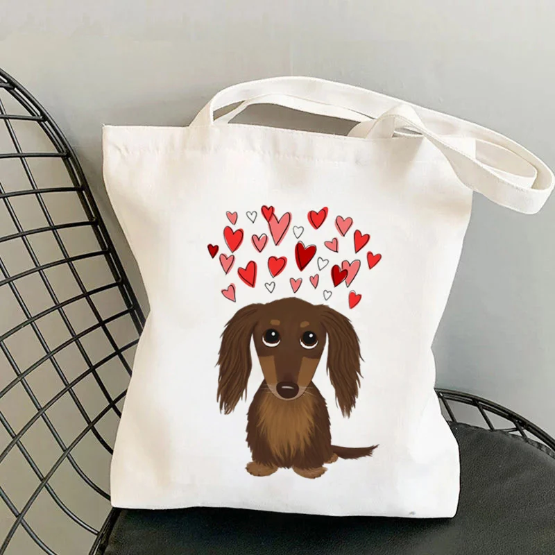 

2021 Shopper Dachshund with Hearts Printed Kawaii Bag Harajuku women Shopping Bag Canvas girl handbag Tote Bag Shoulder Lady Bag