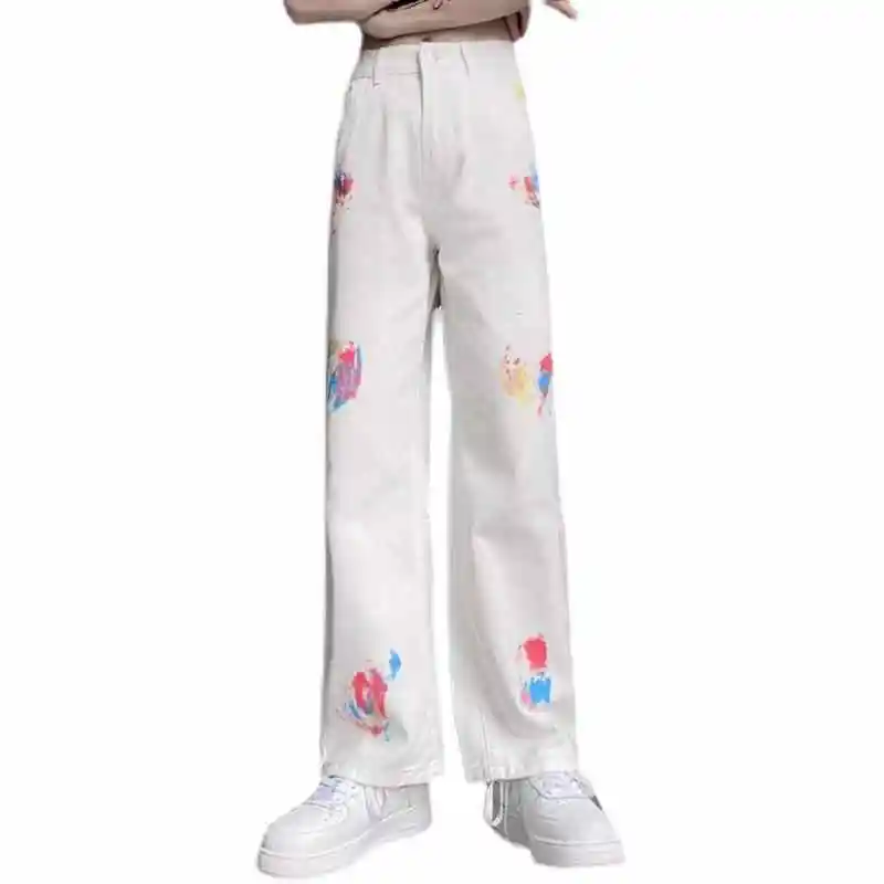 

Harajuku Retro Washed Jeans Female Autumn Tide College Style High Waist Straight Casual Tie-Dye Trousers Wide-Leg Pants Bottoms