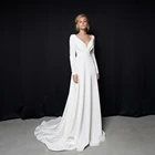 Женское простое свадебное платье с длинным рукавом, белое элегантное платье невесты в стиле гражданской, со шлейфом, а-силуэтом, на молнии сзади, модель 2022