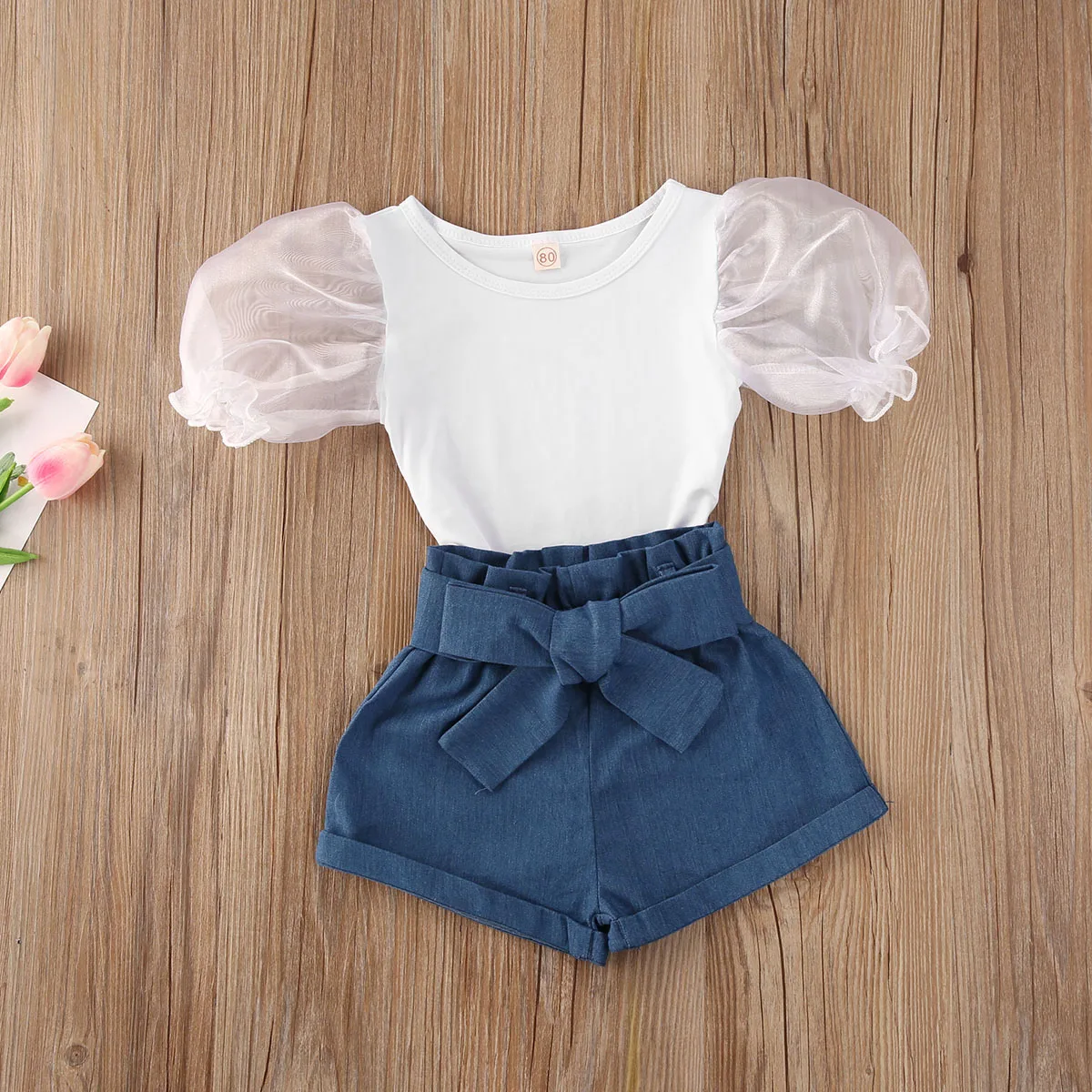 

0-5Y Fashion Infant Baby Girls Clothes Sets Puff Short Sleeve White T Shirts Tops+Blue Shorts 2pcs