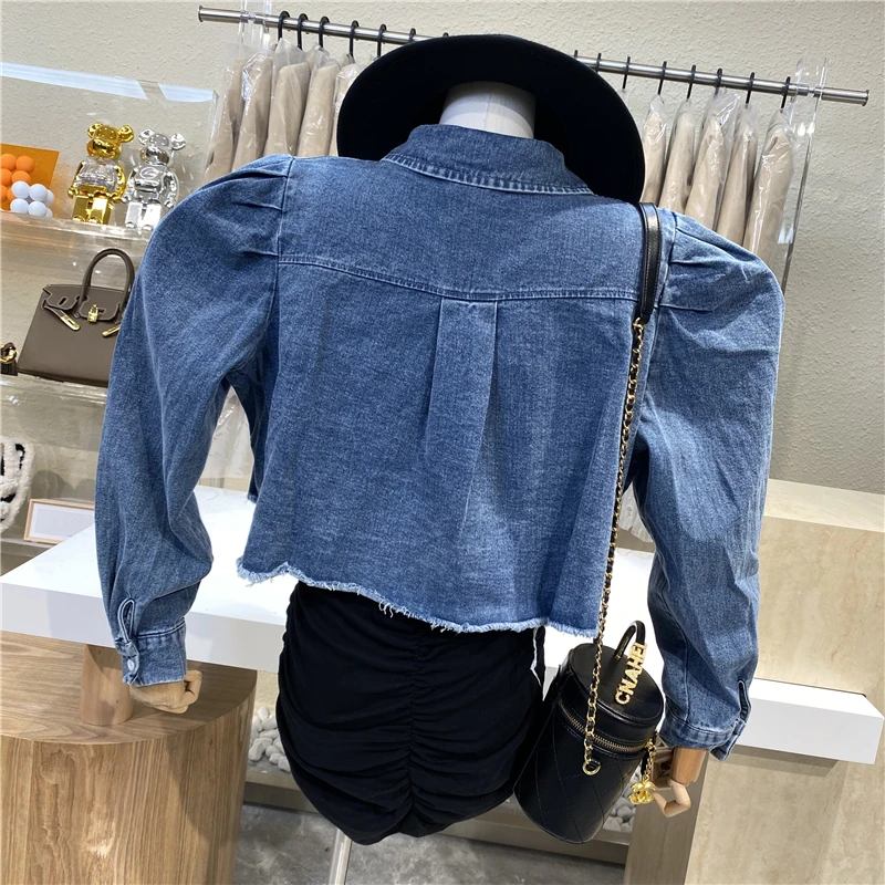 

Washed And Worsted Denim Shirt 2021 New Foreign Bubble Sleeves Versatile Casual High-waisted Short Shirt Coat